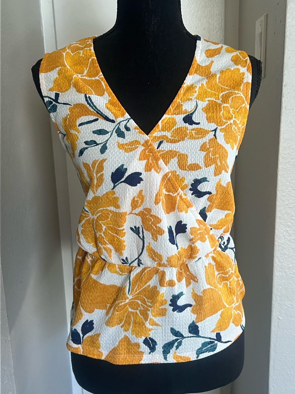 Ann Taylor Factory White Floral Wrap-Front Sleeveless Top with Yellow Blooms